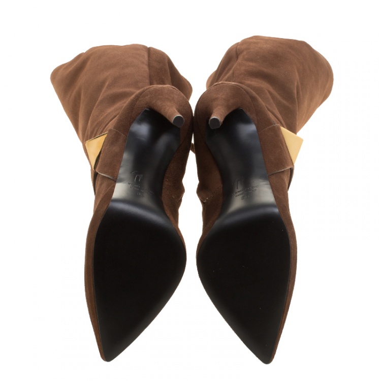 Pre Owned Giuseppe Zanotti Brown Suede Pyramid Stud Platform Knee Boots Size 38