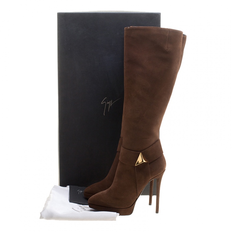 Pre Owned Giuseppe Zanotti Brown Suede Pyramid Stud Platform Knee Boots Size 38