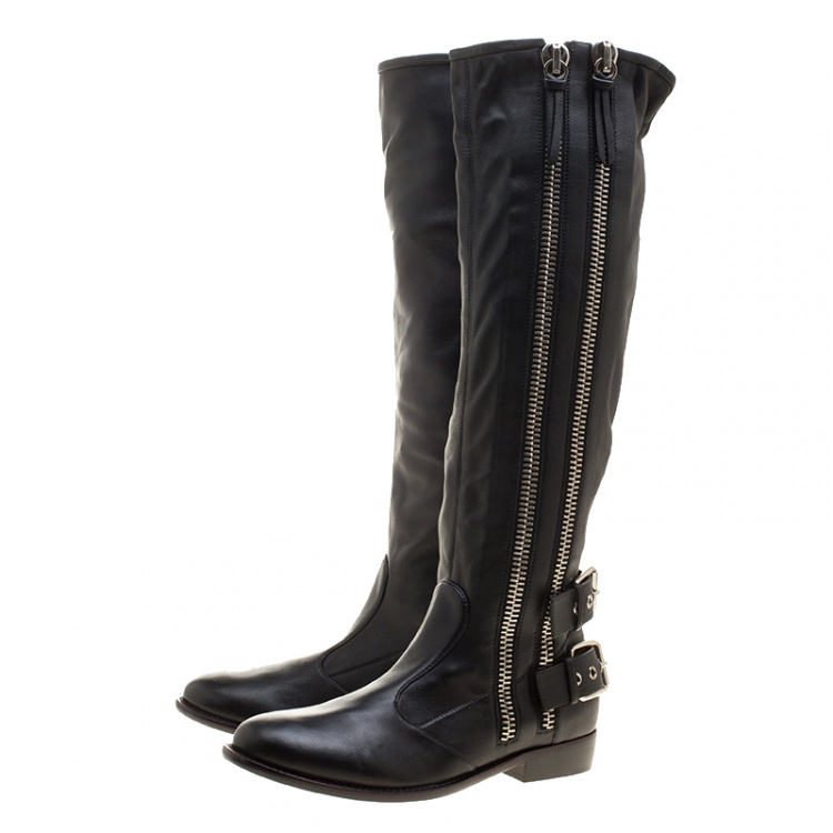 مملوكة مسبقًا Giuseppe Zanotti Black Leather Zip Trimmed Cobain Knee Boots Size 36