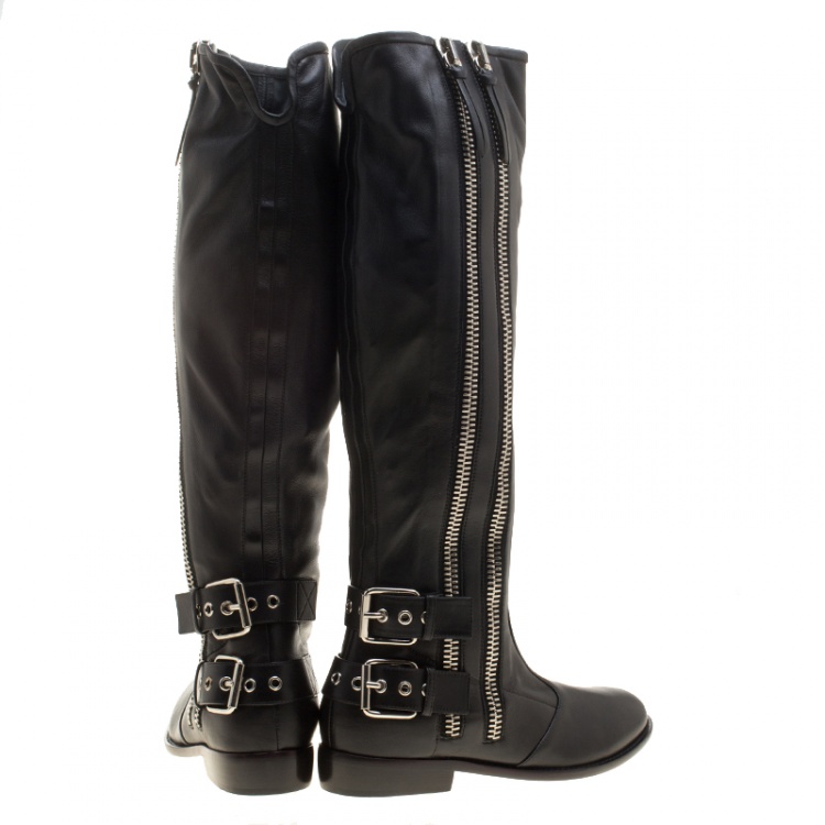 مملوكة مسبقًا Giuseppe Zanotti Black Leather Zip Trimmed Cobain Knee Boots Size 36