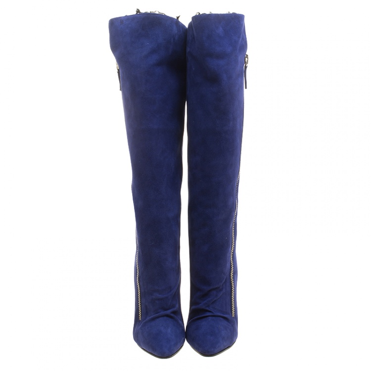 Pre Owned  Giuseppe Zanotti Blue Suede Guaz Fur Lined Wedge Knee Boots Size 37.5