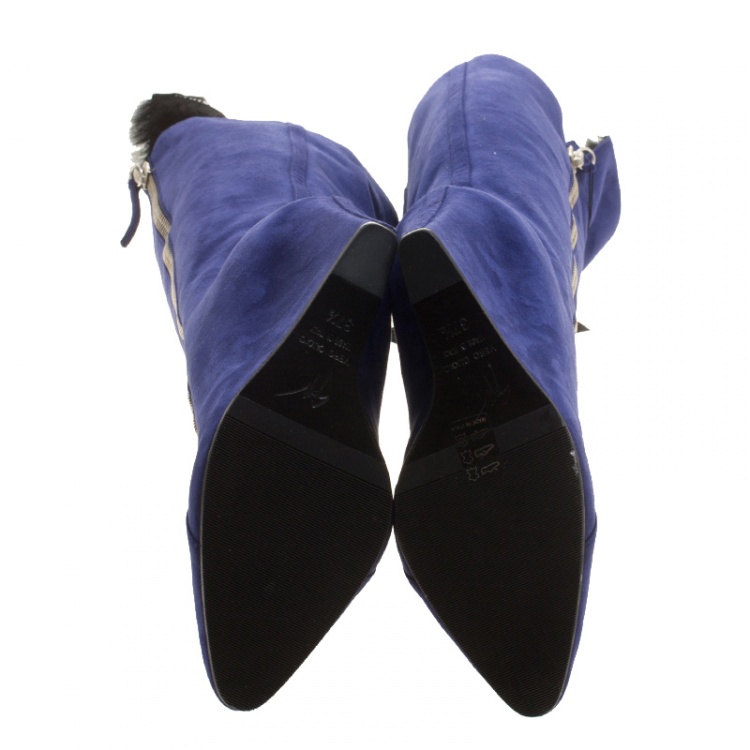 Pre Owned  Giuseppe Zanotti Blue Suede Guaz Fur Lined Wedge Knee Boots Size 37.5