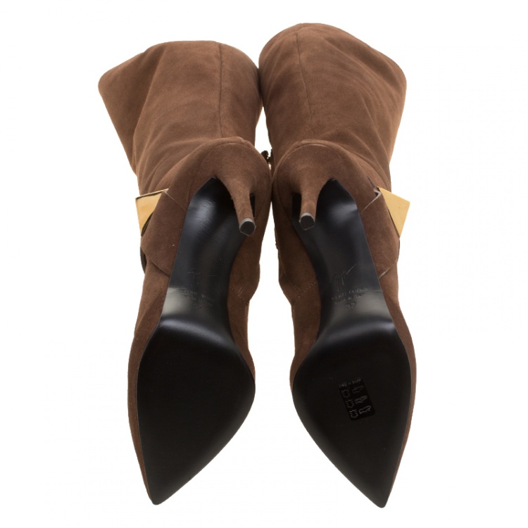 Pre Owned Giuseppe Zanotti Brown Suede Pyramid Stud Platform Knee Boots Size 37