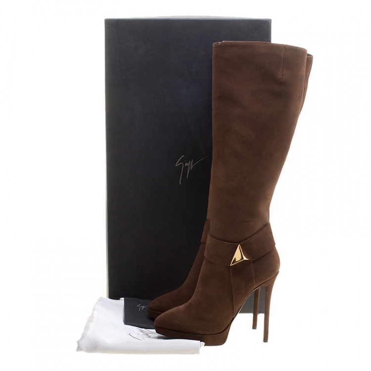 Pre Owned Giuseppe Zanotti Brown Suede Pyramid Stud Platform Knee Boots Size 37