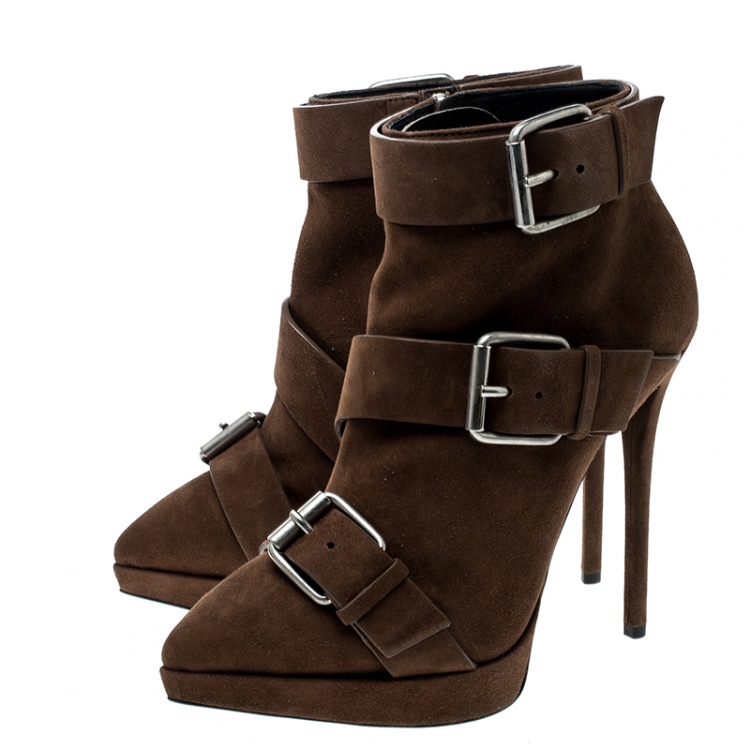 Pre Owned Giuseppe Zanotti Brown Suede Emy Buckle Detail Platform Ankle Boots Size 38.5