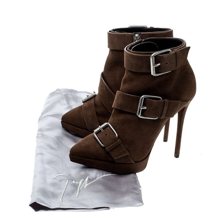 Pre Owned Giuseppe Zanotti Brown Suede Emy Buckle Detail Platform Ankle Boots Size 38.5
