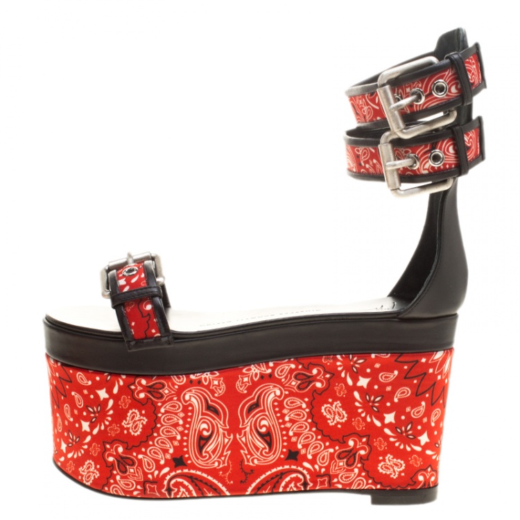 Pre Owned Giuseppe Zanotti Red Floral Printed Satin And Leather Ankle Strap Platform Sandals Size 37