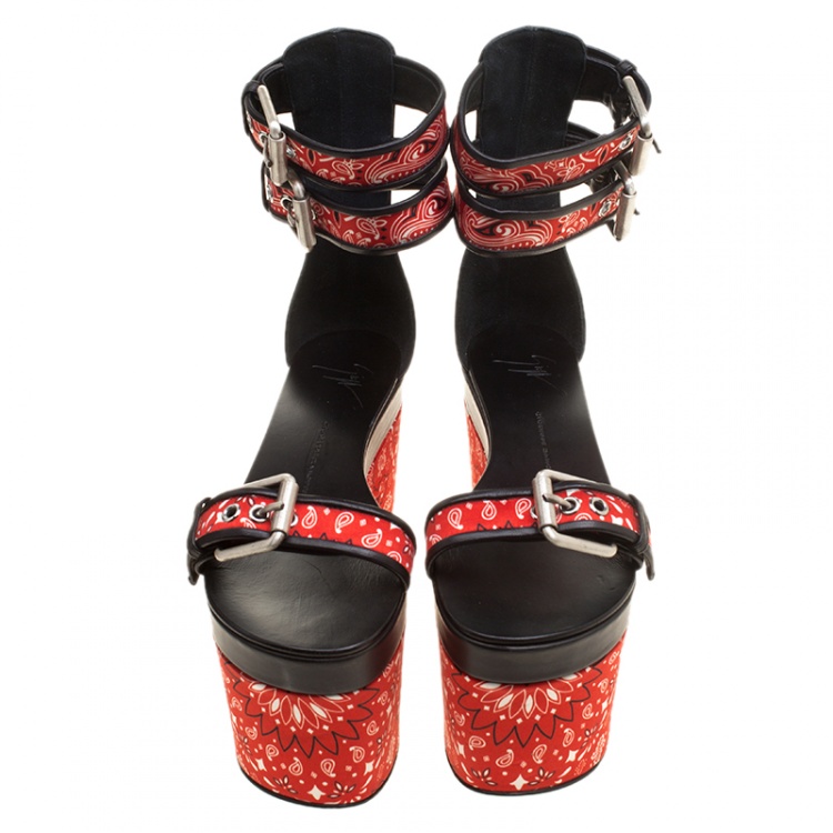 Pre Owned Giuseppe Zanotti Red Floral Printed Satin And Leather Ankle Strap Platform Sandals Size 37