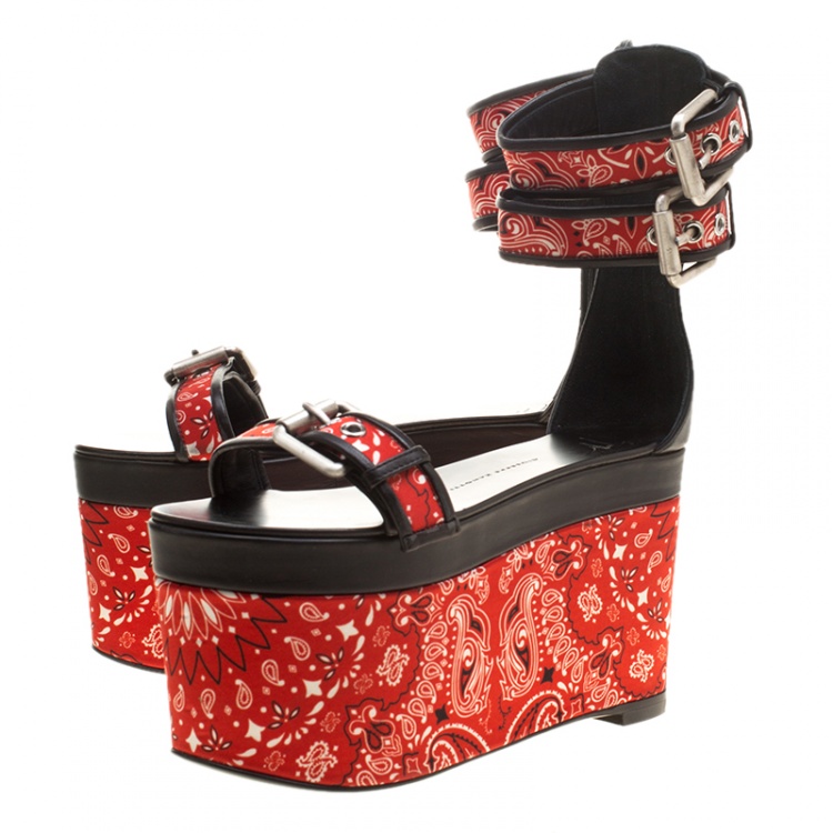 Pre Owned Giuseppe Zanotti Red Floral Printed Satin And Leather Ankle Strap Platform Sandals Size 37