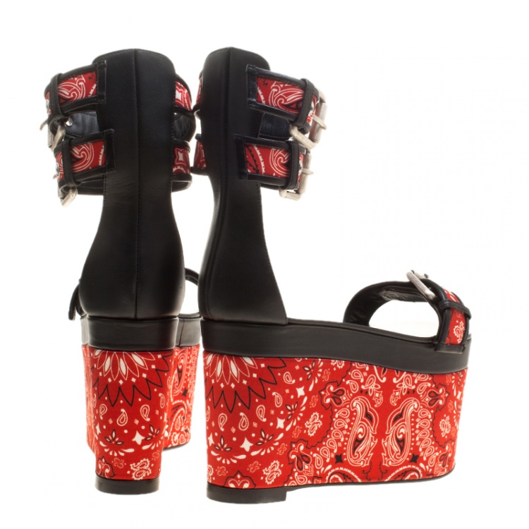 Pre Owned Giuseppe Zanotti Red Floral Printed Satin And Leather Ankle Strap Platform Sandals Size 37