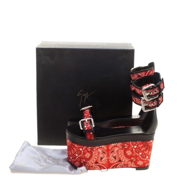 Pre Owned Giuseppe Zanotti Red Floral Printed Satin And Leather Ankle Strap Platform Sandals Size 37