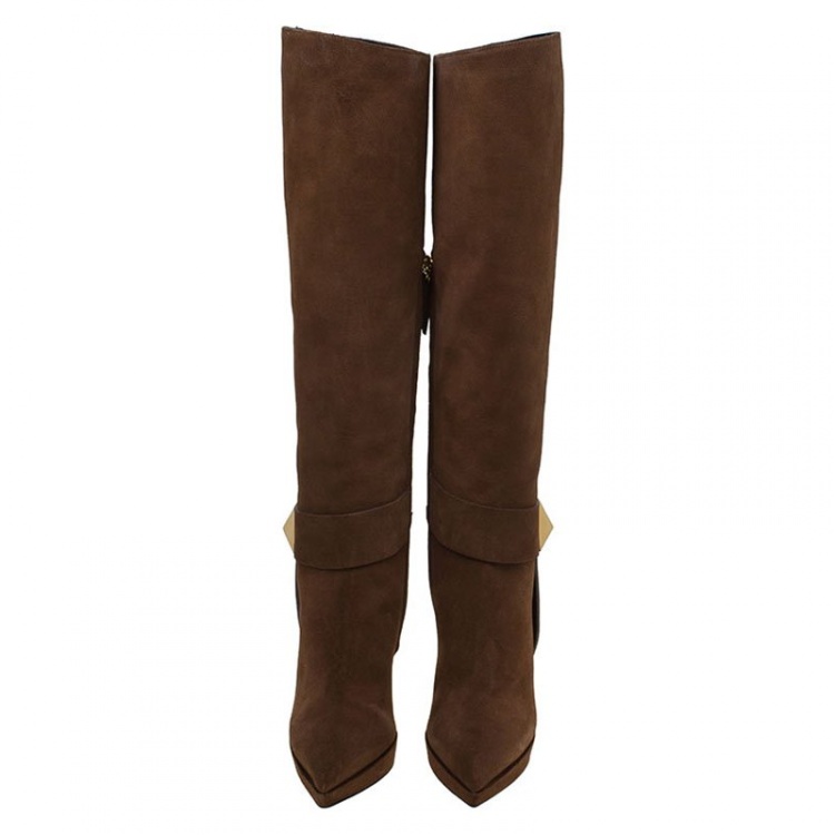 Pre Owned Giuseppe Zanotti Brown Suede Pyramid Stud Platform Knee Boots Size 37