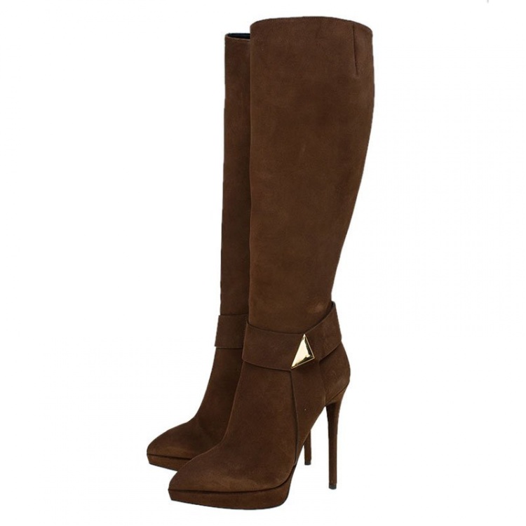 Pre Owned Giuseppe Zanotti Brown Suede Pyramid Stud Platform Knee Boots Size 37