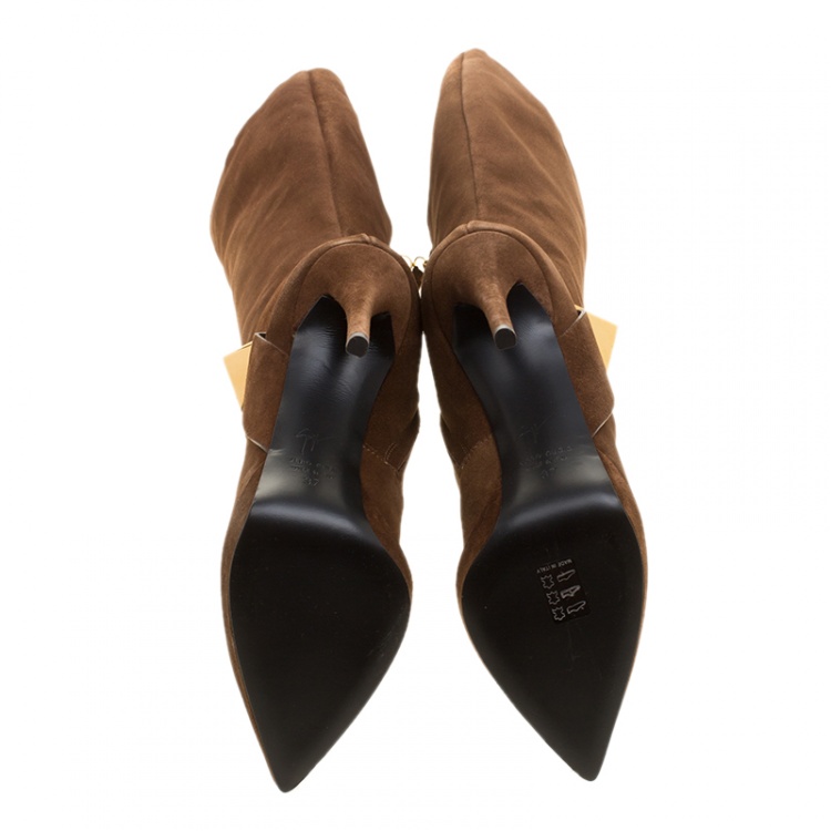 Pre Owned Giuseppe Zanotti Brown Suede Pyramid Stud Platform Knee Boots Size 37