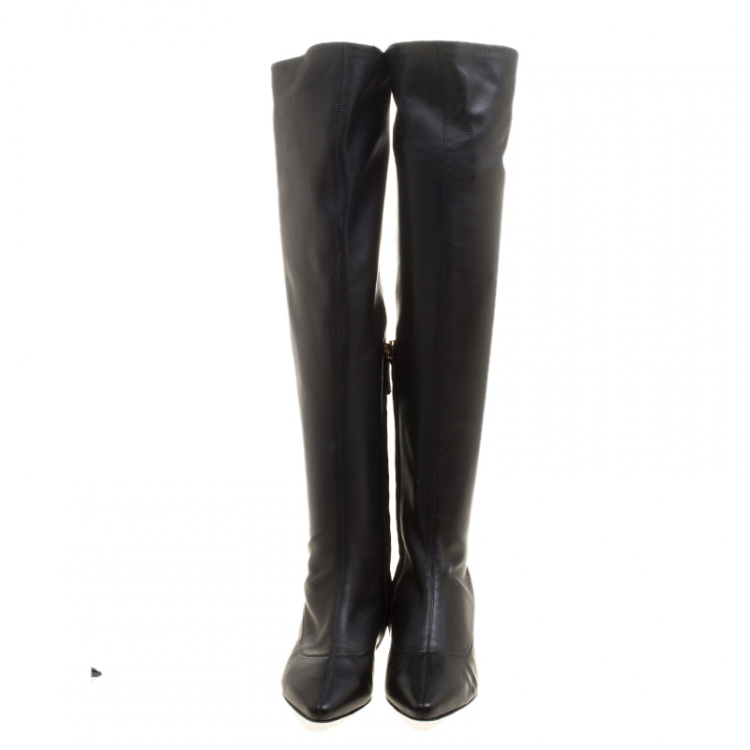 مملوكة مسبقًا Giuseppe Zanotti Black Leather Pointed Toe Wedge Over the Knee Boots Size 36