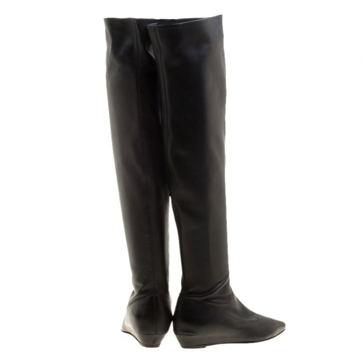 مملوكة مسبقًا Giuseppe Zanotti Black Leather Pointed Toe Wedge Over the Knee Boots Size 36
