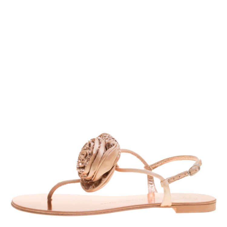 Pre Owned Giuseppe Zanotti Blush Pink Satin and Leather Crystal Embellished Flower Flat Thong Sandals Size 38