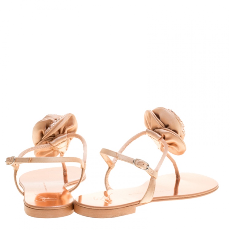 Pre Owned Giuseppe Zanotti Blush Pink Satin and Leather Crystal Embellished Flower Flat Thong Sandals Size 38