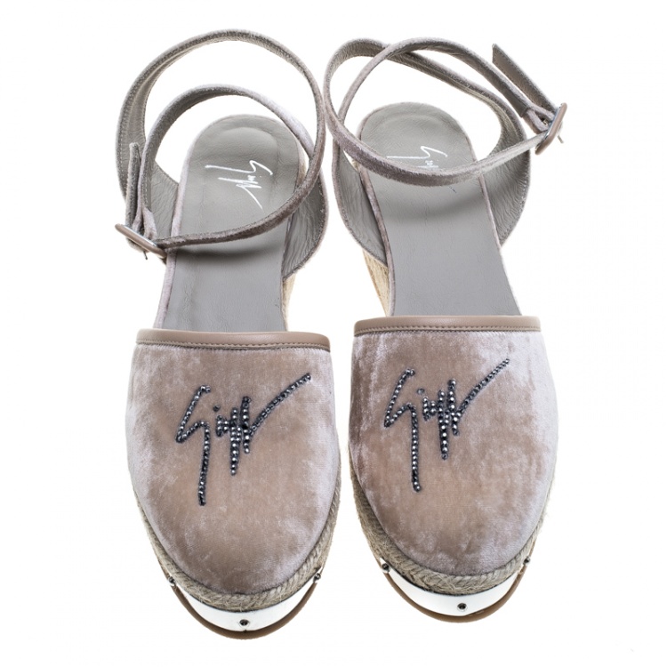 Pre Owned Giuseppe Zanotti Beige Velvet Crystal Embellished Espadrille Sandals Size 40