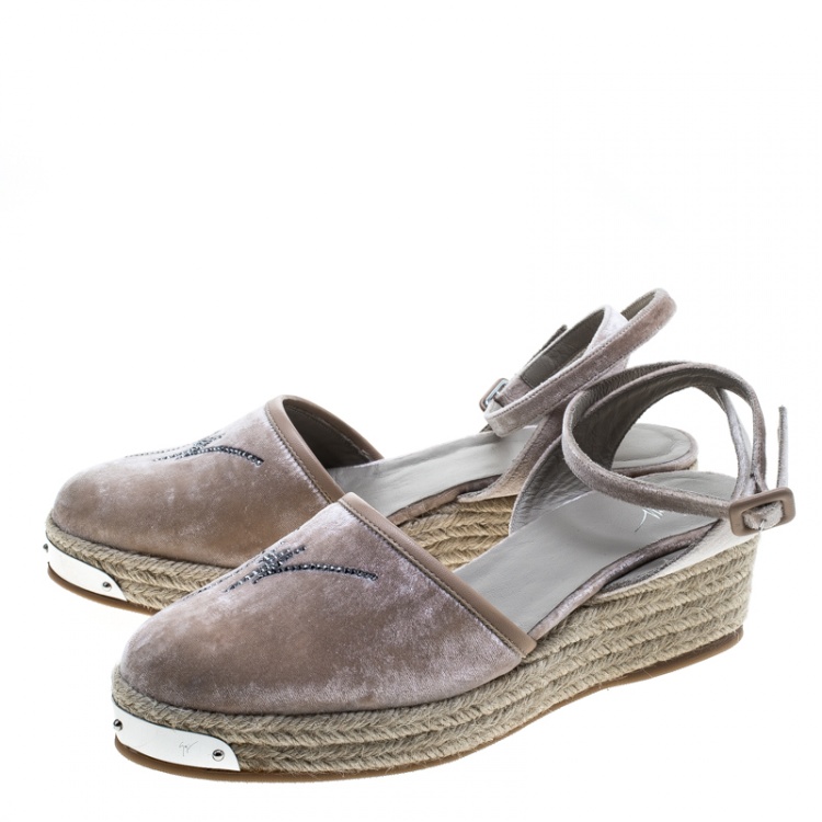 Pre Owned Giuseppe Zanotti Beige Velvet Crystal Embellished Espadrille Sandals Size 40
