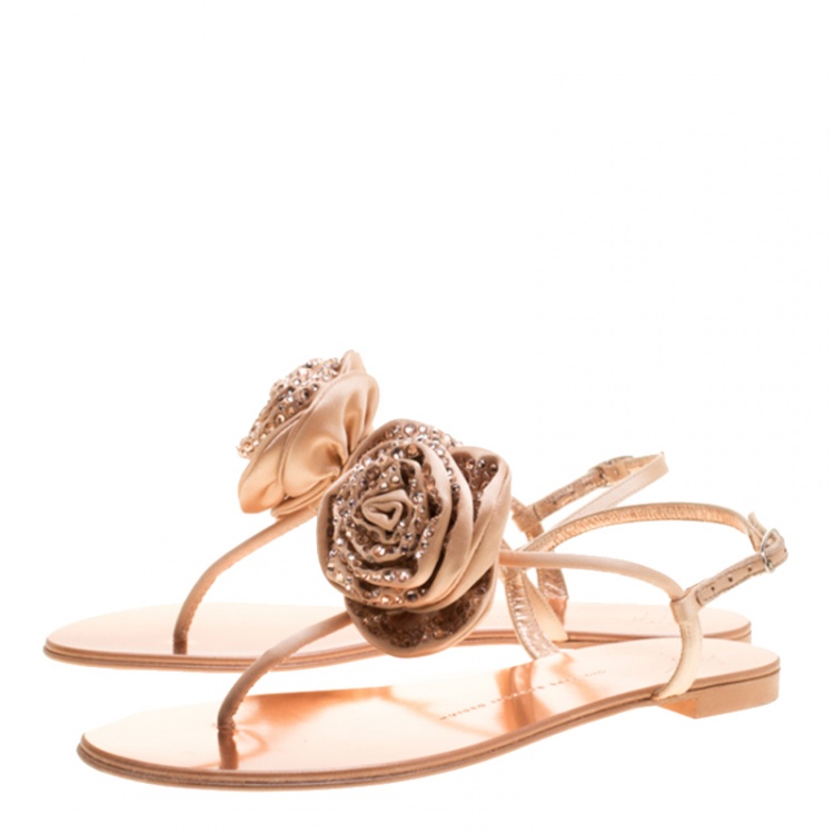 Pre Owned Giuseppe Zanotti Blush Pink Satin and Leather Crystal Embellished Flower Flat Thong Sandals Size 41
