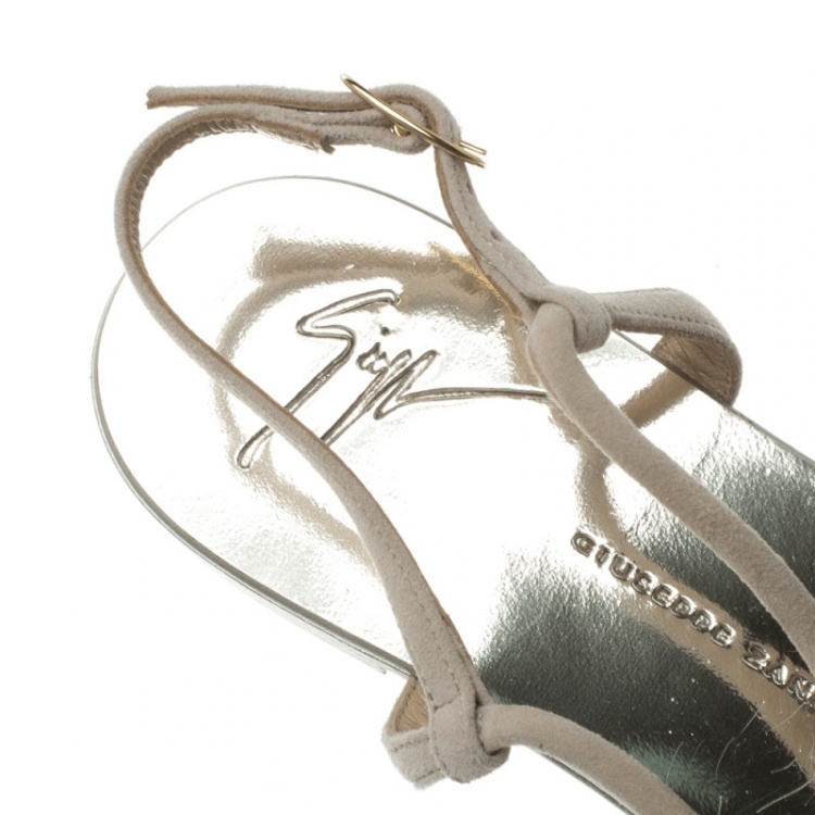 Pre Owned Giuseppe Zanotti Beige Suede Rock Crystal Embellished Bow Flat Thong Sandals Size 39.5