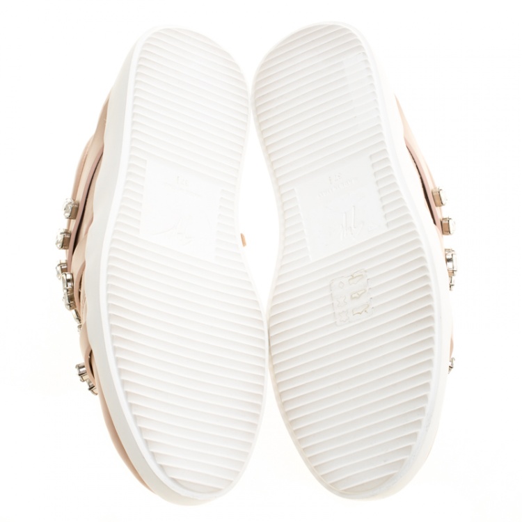Pre Owned Giuseppe Zanotti Blush Pink Suede and Leather Christie Crystal Embellished Slip On Sneakers Size 37.5