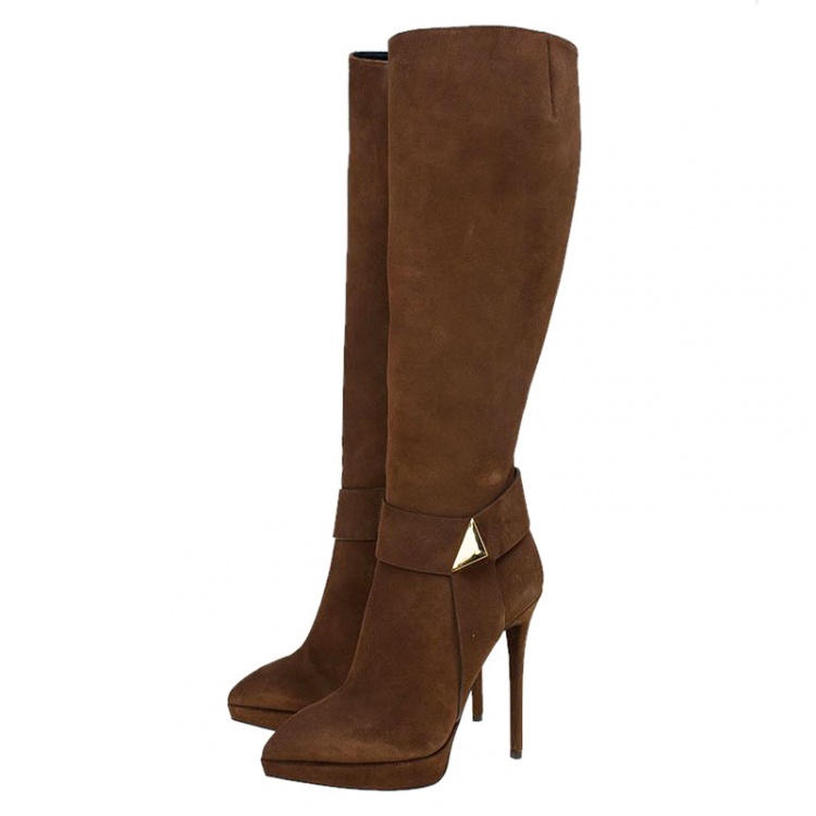 مملوكة مسبقًا Giuseppe Zanotti Brown Suede Pointed Toe High Heel Knee Boots Size 38.5