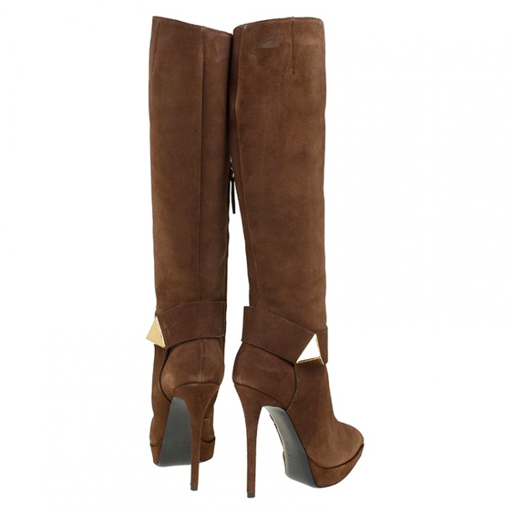 مملوكة مسبقًا Giuseppe Zanotti Brown Suede Pointed Toe High Heel Knee Boots Size 38.5