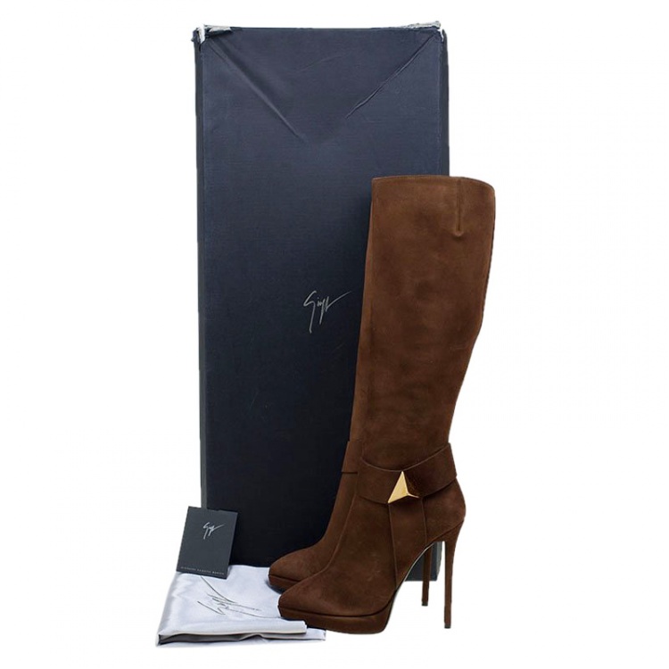 مملوكة مسبقًا Giuseppe Zanotti Brown Suede Pointed Toe High Heel Knee Boots Size 38.5