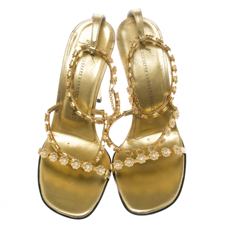 Pre Owned Giuseppe Zanotti Metallic Gold Flower Embellished Lola Strappy Sandals Size 37