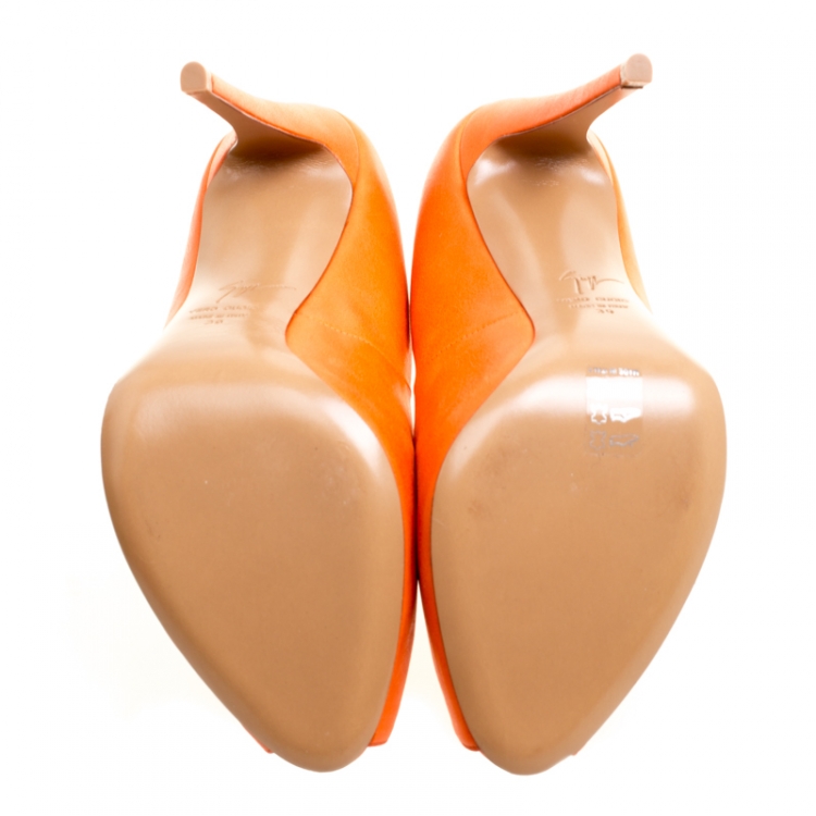 Pre Owned Giuseppe Zanotti Orange Leather Peep Toe Pumps Size 39