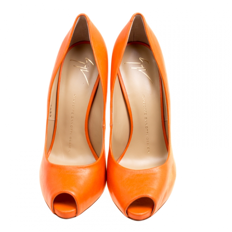 Pre Owned Giuseppe Zanotti Orange Leather Peep Toe Pumps Size 39