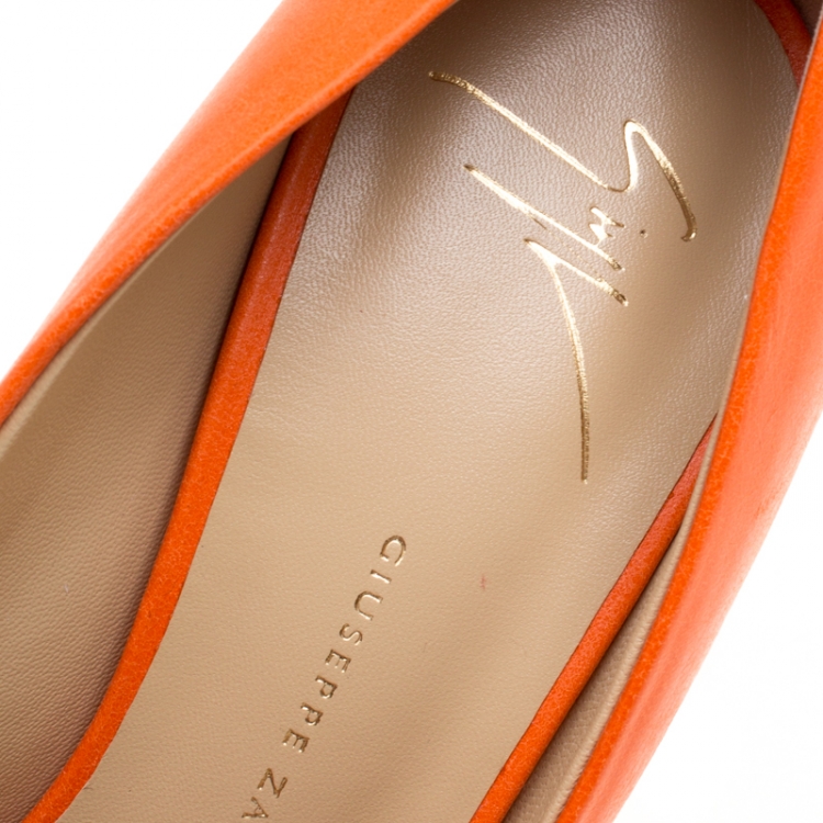 Pre Owned Giuseppe Zanotti Orange Leather Peep Toe Pumps Size 39