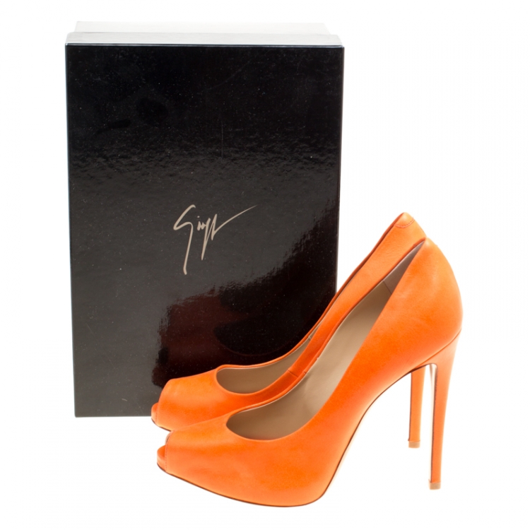 Pre Owned Giuseppe Zanotti Orange Leather Peep Toe Pumps Size 39