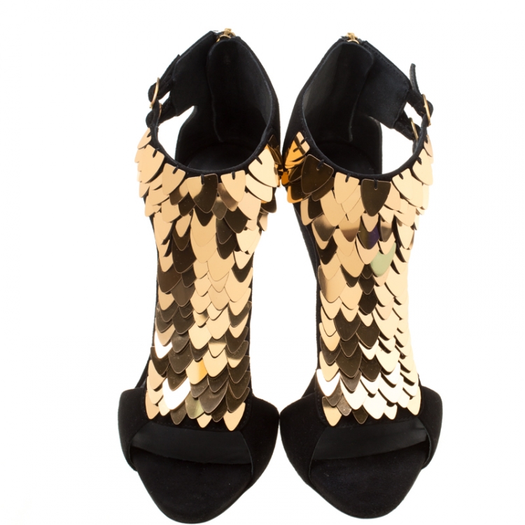 Pre Owned Giuseppe Zanotti Black Suede Coline Sequin Embellished Sandals Size 37