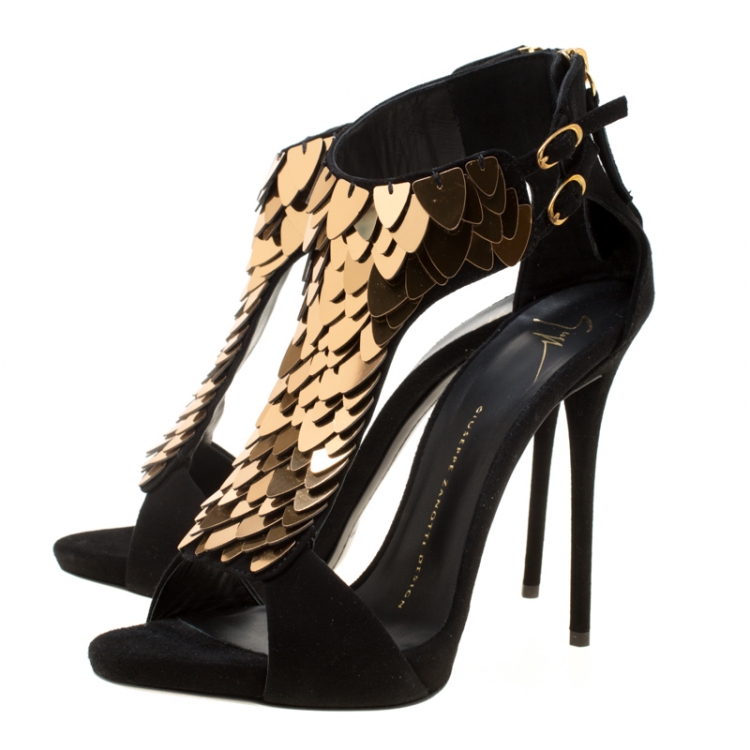 Pre Owned Giuseppe Zanotti Black Suede Coline Sequin Embellished Sandals Size 37