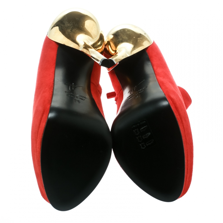 Pre Owned Giuseppe Zanotti Red Suede Peep Toe Platform Booties Size 36