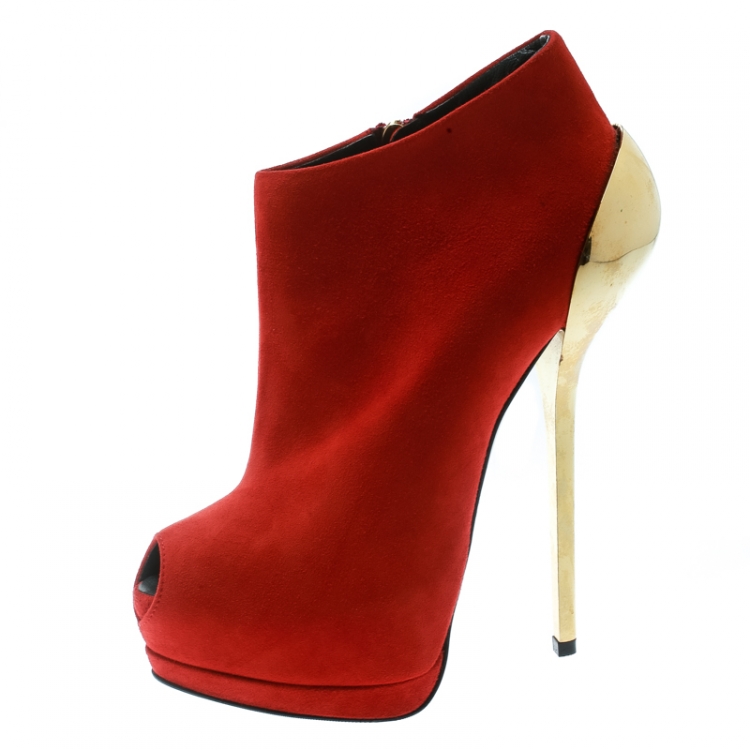 Pre Owned Giuseppe Zanotti Red Suede Peep Toe Platform Booties Size 36