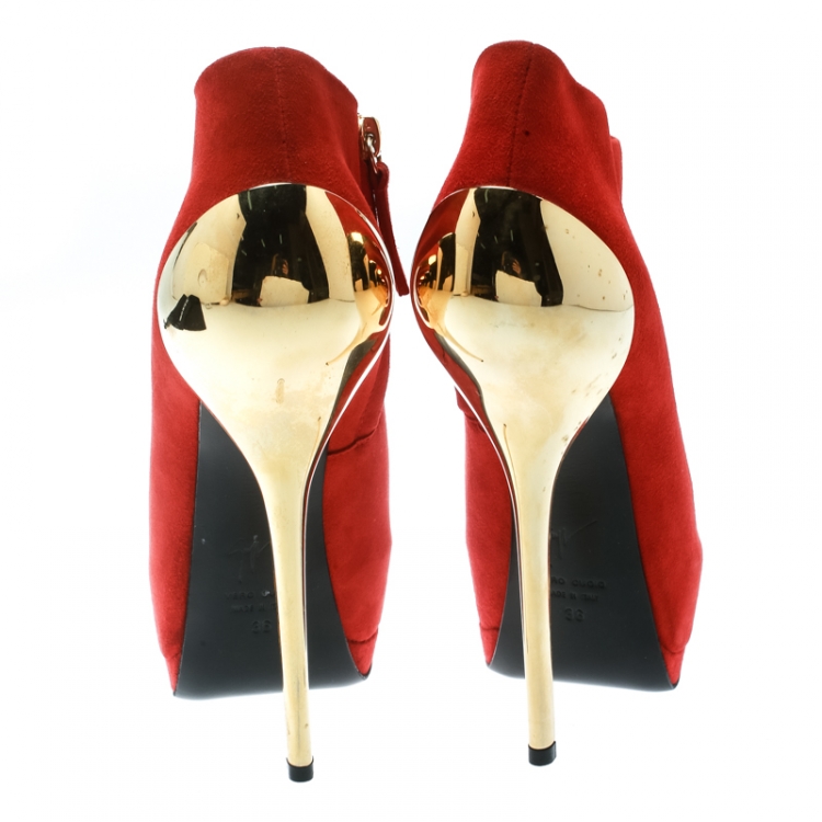 Pre Owned Giuseppe Zanotti Red Suede Peep Toe Platform Booties Size 36