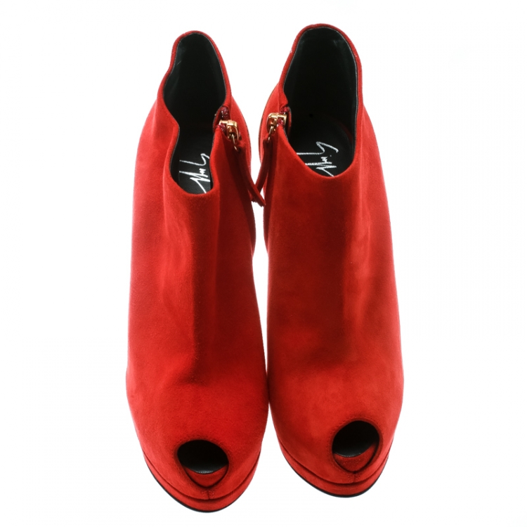 Pre Owned Giuseppe Zanotti Red Suede Peep Toe Platform Booties Size 36