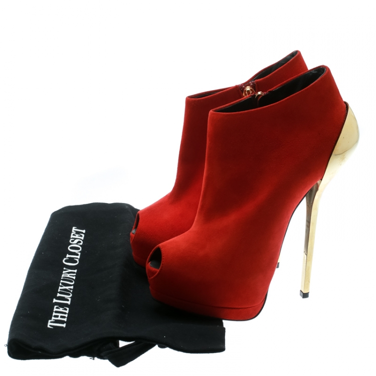 Pre Owned Giuseppe Zanotti Red Suede Peep Toe Platform Booties Size 36