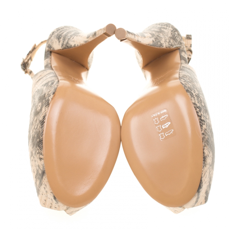 Pre Owned Giuseppe Zanotti Beige Embossed Lizard Leather Monro Peep Toe Platform Slingback Sandals Size 38.5