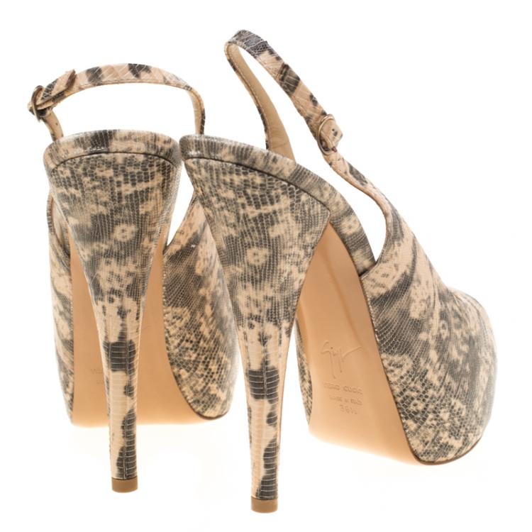 Pre Owned Giuseppe Zanotti Beige Embossed Lizard Leather Monro Peep Toe Platform Slingback Sandals Size 38.5
