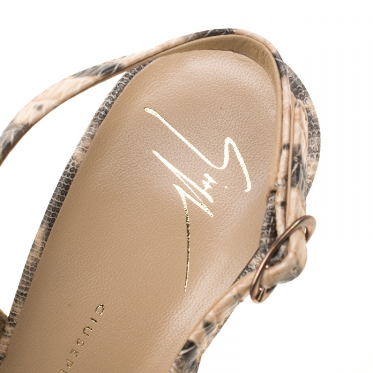 Pre Owned Giuseppe Zanotti Beige Embossed Lizard Leather Monro Peep Toe Platform Slingback Sandals Size 38.5