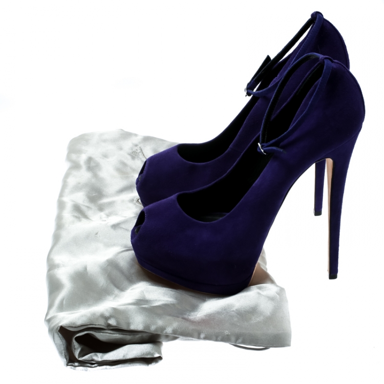 Pre Owned Giuseppe Zanotti Blue Suede Ankle Strap Peep Toe Platform Pumps Size 40
