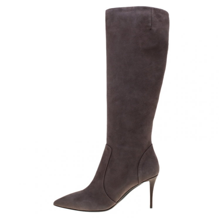 Pre Owned Giuseppe Zanotti Grey Suede Pointed Toe Knee Length Boots Size 38