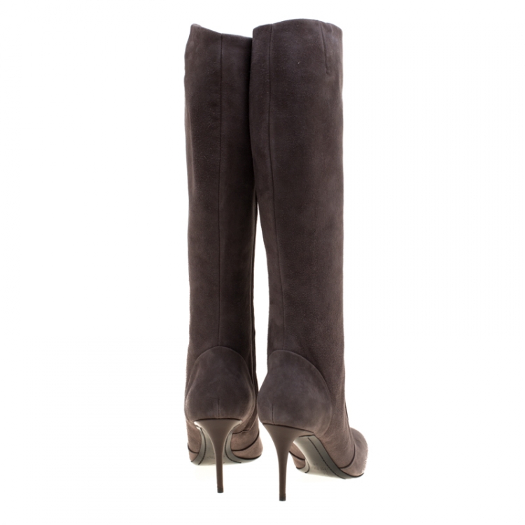 Pre Owned Giuseppe Zanotti Grey Suede Pointed Toe Knee Length Boots Size 38