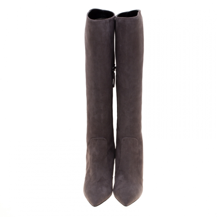 Pre Owned Giuseppe Zanotti Grey Suede Pointed Toe Knee Length Boots Size 38