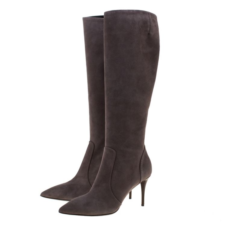 Pre Owned Giuseppe Zanotti Grey Suede Pointed Toe Knee Length Boots Size 38
